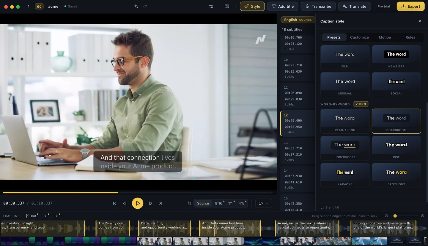 The Overcaption editor with a styled caption on the video, the caption style presets panel open, and the waveform timeline below. What is previewed here is what gets burned in.