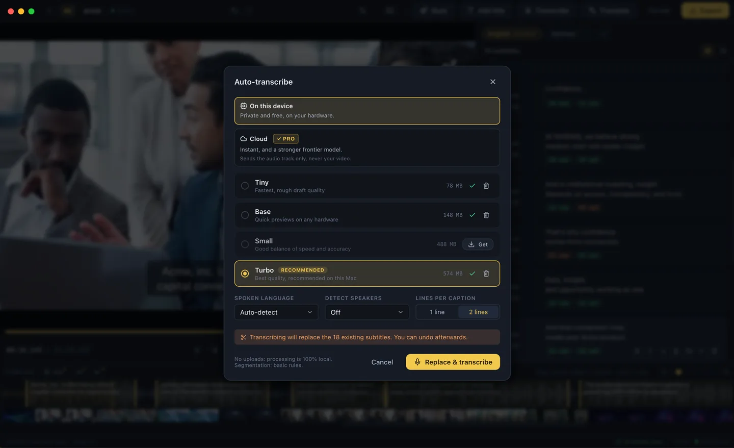 Overcaption's transcribe dialog: on-device processing selected, a list of downloadable models from fastest to most accurate, spoken language and lines-per-caption options, and a note that processing is 100% local.