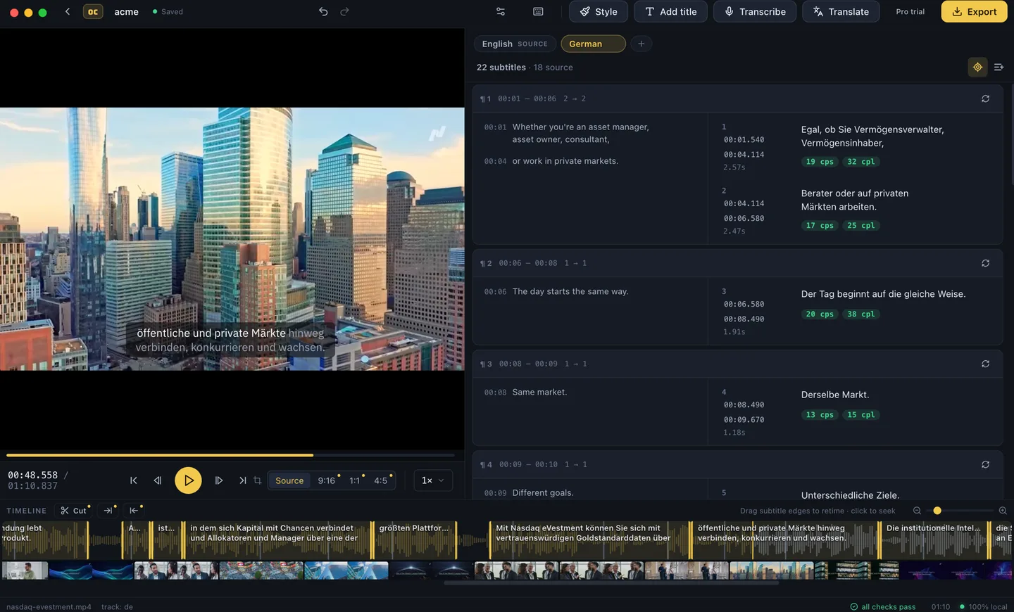 The Overcaption translate view: English subtitles next to their German translation, linked sentence by sentence, with reading-speed checks and a 100% local badge.